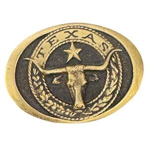 Vintage 1977 Texas Longhorn Brass Belt Buckle Oval Western Design